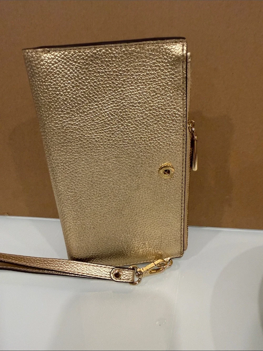 Michael Kors Metallic Gold Leather Wristlet Clutch new with tag women